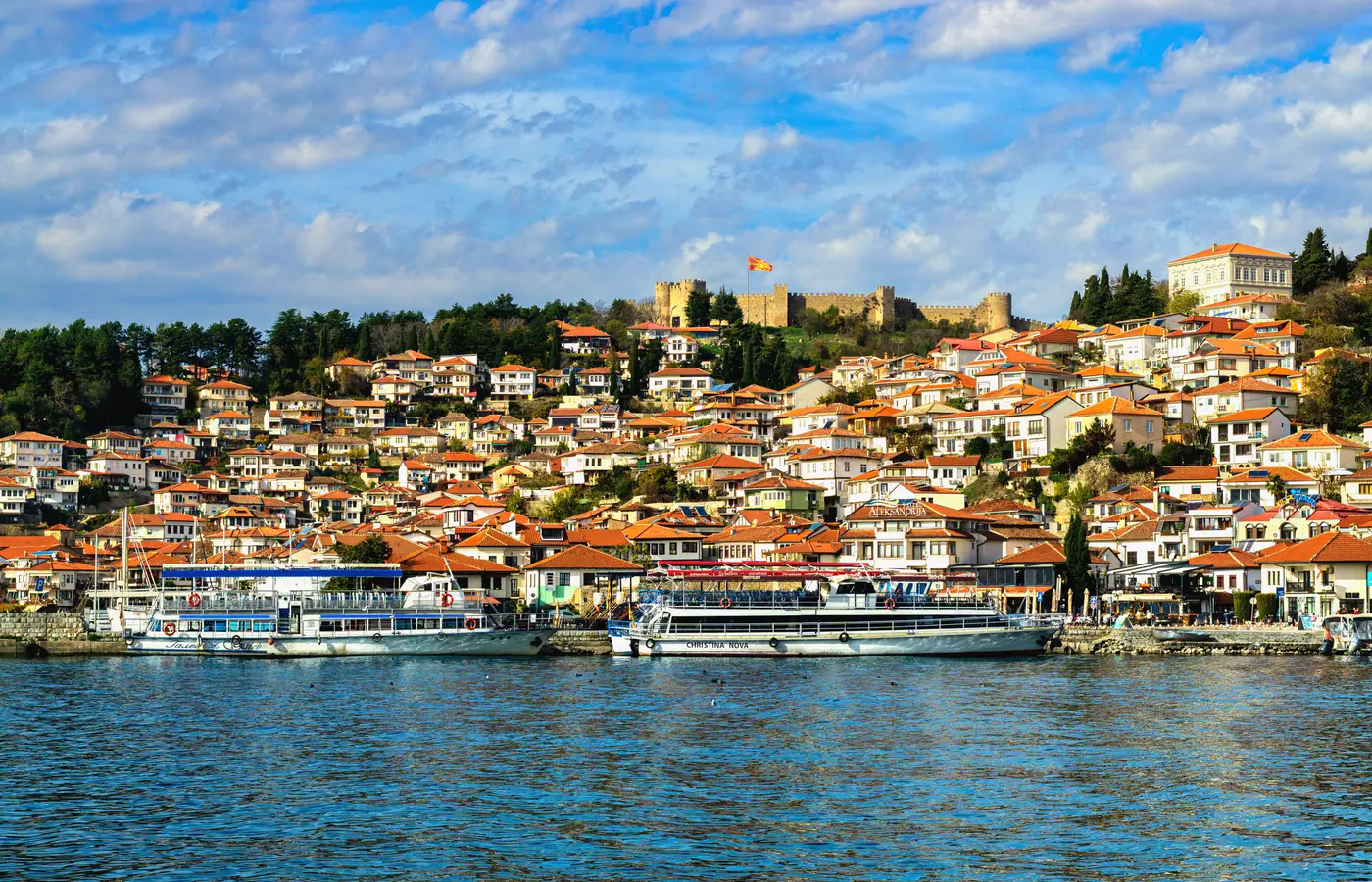 Historic lakeside town in North Macedonia with a hilltop fortress