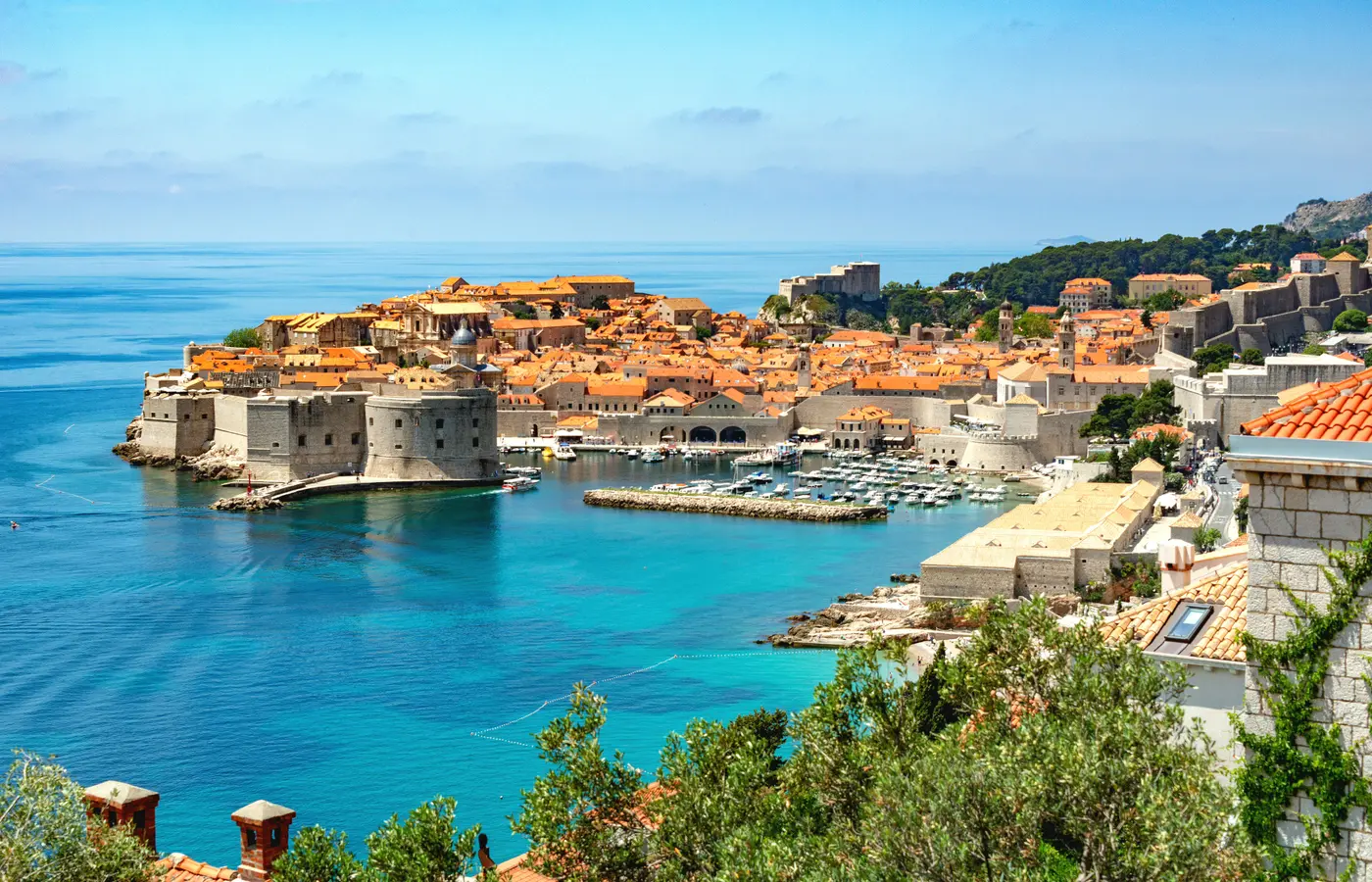 Aerial view of a historic walled coastal town in Croatia
