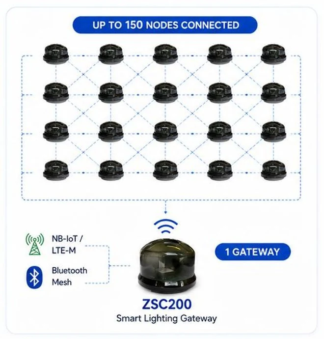 1 gateway connected to a mesh of nodes