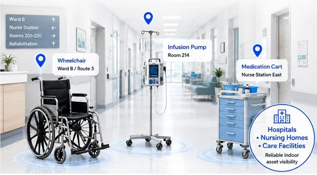 Hospital corridor with tracked wheelchair and infusion pump