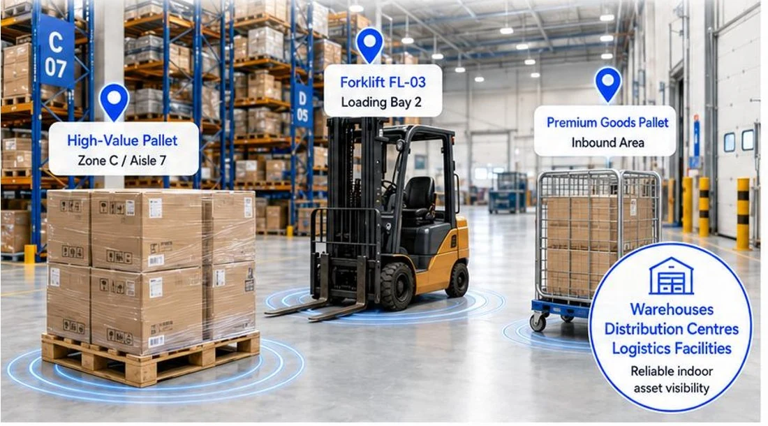 Warehouse with tracked pallets and forklifts