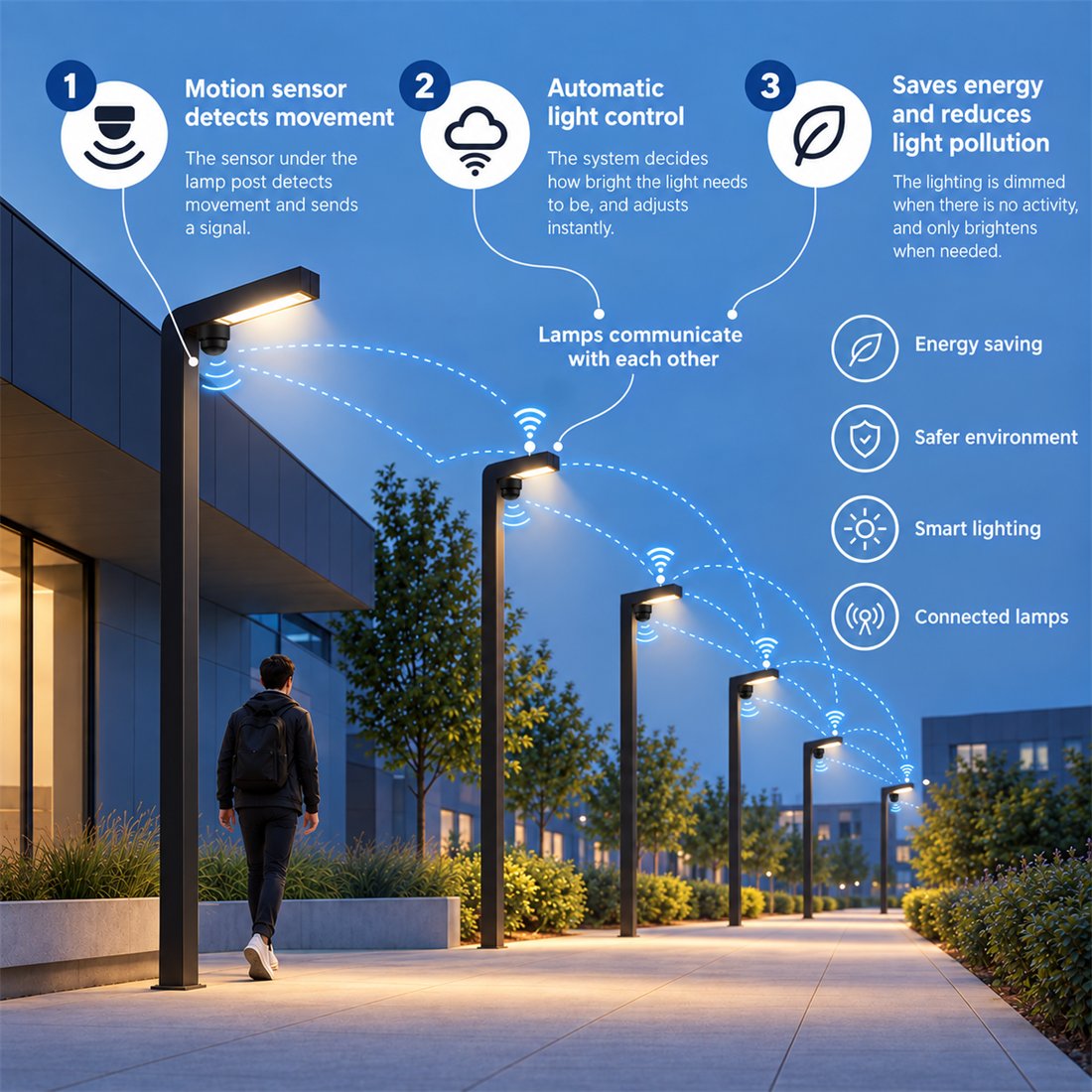 Motion sensor under a street light detects a passer-by, the lamps communicate with each other and dim when there is no activity