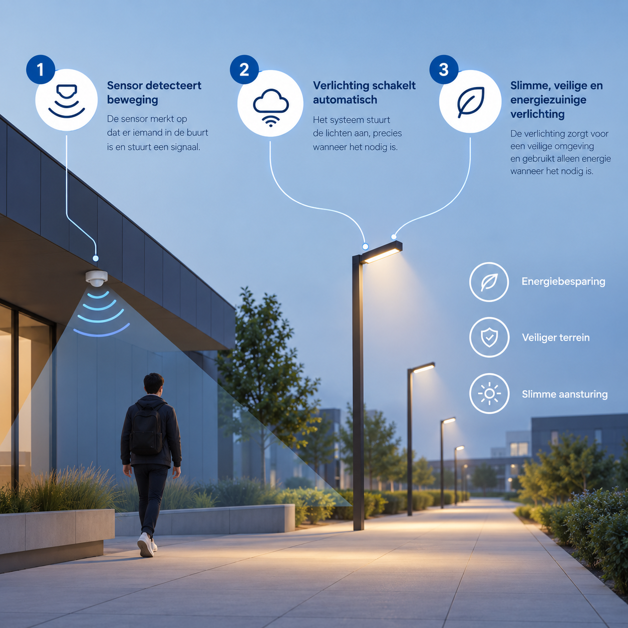ZMS200 motion sensor detects a passer-by beneath a street light, triggering smart, safe and energy-efficient public lighting