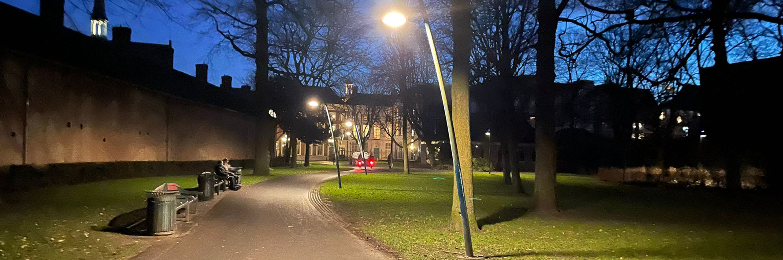 Een verlichtingspaal gesitueerd in het Valkenberg park.